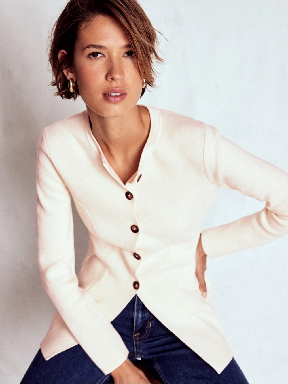Boden Joanna Fitted Knit Jacket 6 NWT Button Front White Cream Tailored Cotton - Picture 2 of 12